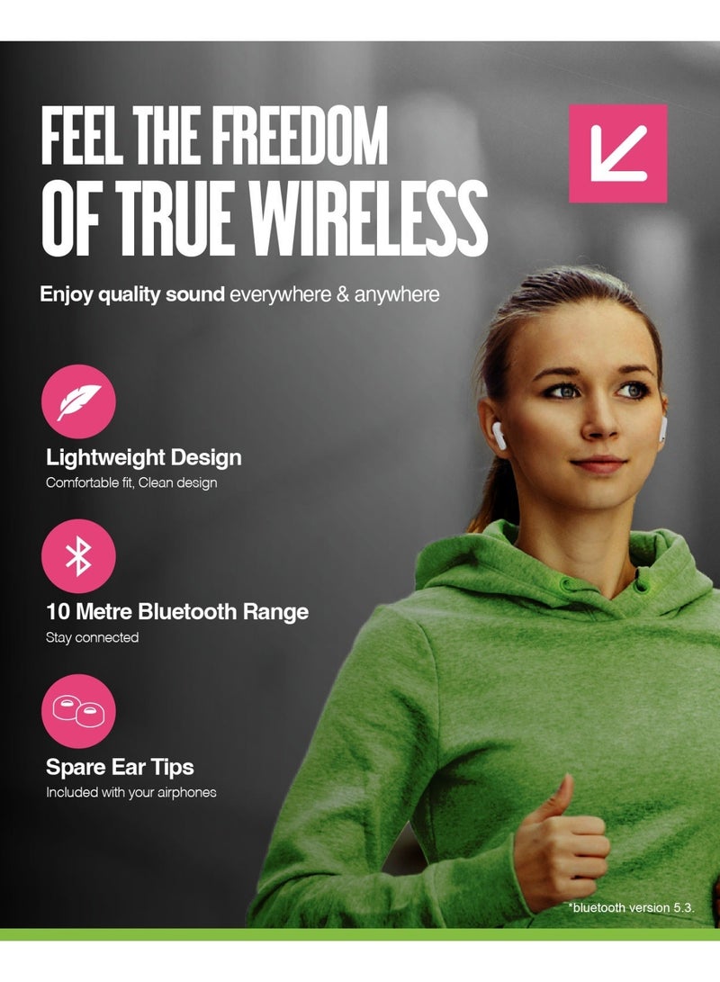 جوس سماعات أذن لاسلكية Juice¬Æairphones Go True، وقت تشغيل يصل إلى 5 ساعات، علبة شحن لاسلكية، صوت غني وواضح وقوي، أدوات تحكم باللمس متعددة الوظائف، بلوتوث V5، IPX4، ملمس ناعم - أسود - Image 2